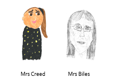 Mrs Creed and Mrs Biles as drawn by pupils